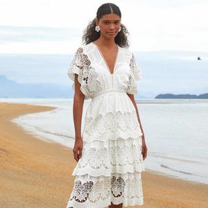 FARM Rio Off White Richelieu Midi Dress Size Large nwt